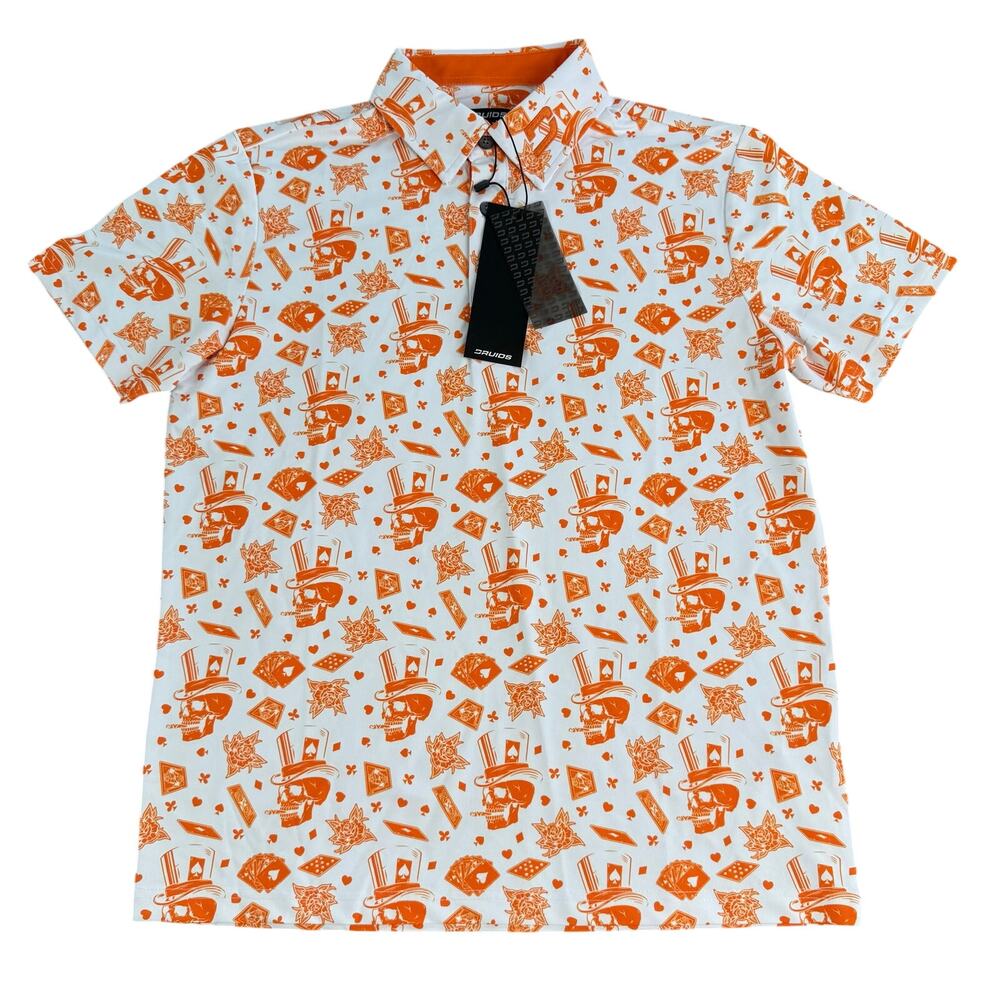 Druids Blackjack Polo Shirt White Skull Print Men's Size S NWT
